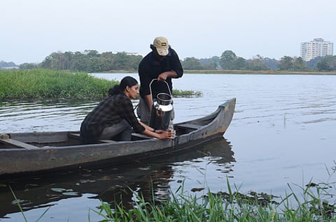 Wildlife Institute of India officials conducting sampling for microplastic assessment survey in the Periyar River in Aluva