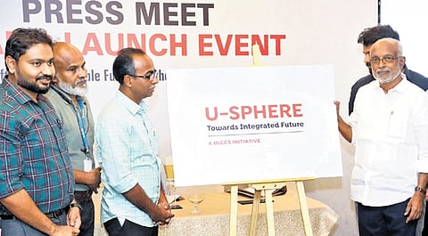 (L-R) Uralungal Labour Contract Cooperative Society assistant general manager, mechanical engineering division, Fariz A Razaq; ULCCS chief executive officer Arun Babu; ULCCS managing director Shaju S and ULCCS chairman Rameshan Paleri at the unveiling of U-Sphere, its new brand, in Kochi on Tuesday