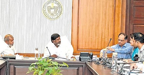 Deputy CM Mallu Bhatti Vikramarka and Health Minister Damodar Rajanarsimha during a pre-budget meeting with the Medical & Health department officials