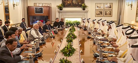 Prime Minister Narendra Modi and Amir of Qatar Sheikh Tamim Bin Hamad Al Thani during delegation level talks at Hyderabad House, in New Delhi