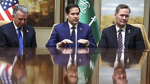 US Secretary of State Marco Rubio, US National Security Advisor Mike Waltz and US Middle East envoy Steve Witkoff attend an interview after meeting with Russian officials, at Diriyah Palace, in Riyadh, Saudi Arabia, Tuesday, Feb. 18, 2025.