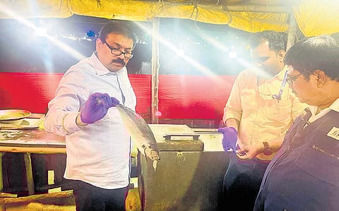 A food safety official checks a fish from a stall at Elliot’s Beach in Besant Nagar on Wednesday