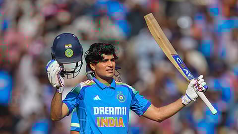 India's Shubman Gill celebrates his century during the third one day international cricket match between India and England in Ahmedabad , India, Wednesday, Feb. 12, 2025.
