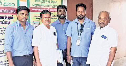 Union representatives led by A Soundararajan (right end), general secretary, CITU, TN, took part in the fourth round of conciliatory talks on Wednesday.