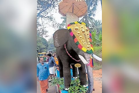 A life-like elephant statue being used during the grand procession of Sri Krishna Temple in Kinalur, Kozhikode