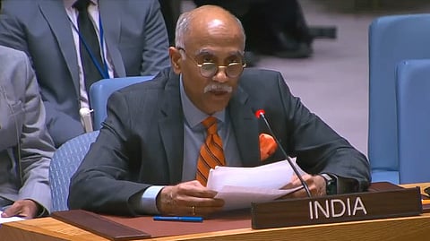 India's Permanent Representative to the United Nations Parvathaneni Harish speaks during a UN Security Council meeting.