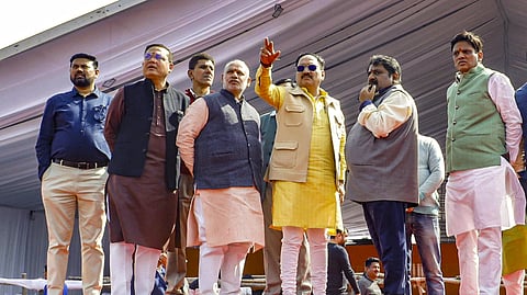 Delhi BJP President Virendra Sachdeva with other party leaders reviews preparations ahead of the swearing-in ceremony of Delhi Chief Minister, at Ramlila Maidan in New Delhi, Feb. 19, 2025.