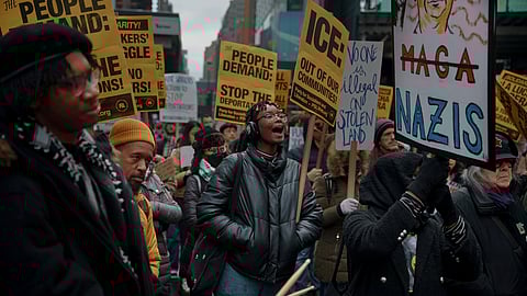 Protesters shout slogans during a pro-migrant rally, demanding an end to deportations on Sunday, Feb. 9, 2025, in New York.