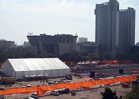 Preparations underway for the oath ceremony of the New Delhi Government, at the Ramlila Maidan in New Delhi on Wednesday, Feb. 19, 2025.