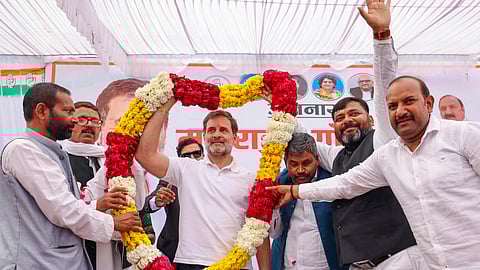LoP in the Lok Sabha and Congress leader Rahul Gandhi being garlanded by supporters during a visit at Bachhrawan, in Rae Bareli, Uttar Pradesh