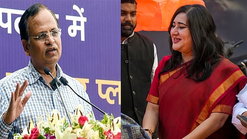 AAP leader Satyendra Jain (L), BJP MP Bansuri Swaraj