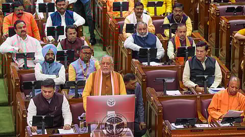 Uttar Pradesh Finance Minister Suresh Kumar Khanna presents the State Budget 2025-26 in the Assembly, in Lucknow, Thursday, Feb. 20, 2025.