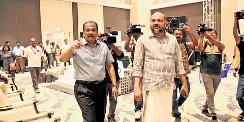 Industries Minister P Rajeeve visits the venue of the meet at Lulu Convention Centre in Kochi on Thursday