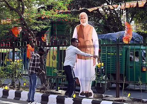 Preparations underway for the oath ceremony of the New Delhi Government, at the Ramlila Maidan in New Delhi on Wednesday, Feb. 19, 2025.
