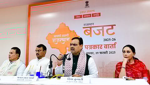 Rajasthan Chief Minister Bhajan Lal Sharma addressing a press conference (Photo | Express)