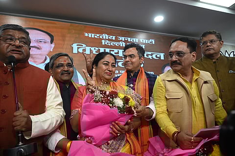 Delhi chief minister-designate Rekha Gupta celebrating with senior BJP leaders ahead of her swearing in ceremony.