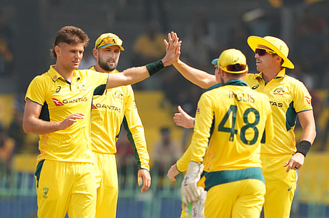 Australia's Aaron Hardie celebrates the wicket of Sri Lanka's Pathum Nissanka with teammates during the second ODI cricket match between Sri Lanka and Australia in Colombo, Sri Lanka, Friday, Feb. 14, 2025.