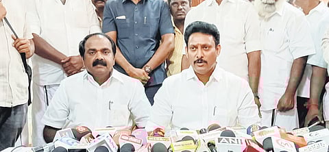 School Education Minister Anbil Mahesh Poyyamozhi addressing media persons in Tiruchy on Friday