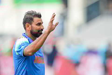India's Mohammed Shami celebrates after taking a five-wicket haul during a ODI cricket match of the ICC Champions Trophy between India and Bangladesh in Dubai, UAE, Thursday, Feb. 20, 2025.