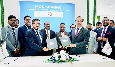 Lulu Group COO Saleem VI and Highland Group MD Pratik Jena with other dignitaries at the MoU signing ceremony (Photo | EPS)