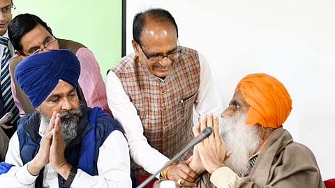 Union Minister of Agriculture and Farmers Welfare Shivraj Singh Chouhan during a previous round of talks with farmer leaders Jagjit Singh Dallewal, right, and Sarwan Singh Pandher in Chandigarh (Photo | PTI)
