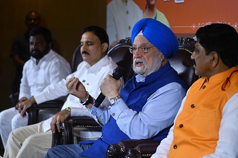 Union Minister for Petroleum Hardeep Singh Puri at a media conference in Vijayawada on Friday.