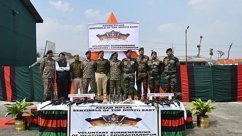 A defence statement said 16 weapons, along with ammunition, were surrendered in Churachandpur district on Saturday.