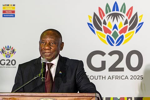 South African President Cyril Ramaphosa addresses reporters at the G20 foreign ministers meeting in Johannesburg (Photo | AP)