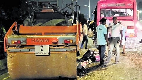 The road-roller has remained parked on Ennore flyover for many days.