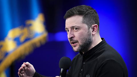 Ukrainian President Volodymyr Zelenskyy answers media questions during his press conference, in Kyiv, Ukraine.
