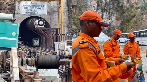 Rescue operations underway after a section of the Srisailam Left Bank Canal (SLBC) project collapsed, in Nagarkurnool district, Sunday, Feb. 23, 2025. Eight workers are feared trapped.