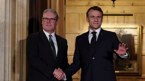 British Prime Minister Keir Starmer, left, and French President Emmanuel Macron shake hands ahead of a bilateral meeting at Chequers, near Aylesbury, England, Thursday Jan. 9, 2025.