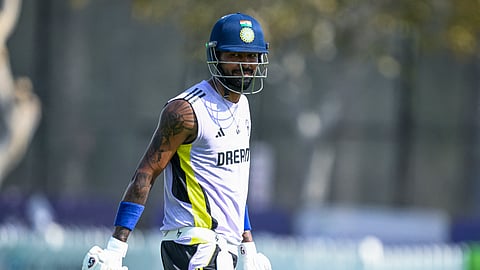 India's Hardik Pandya leaves the field during a practice session at the ICC Academy ground in Dubai on February 22, 2025.