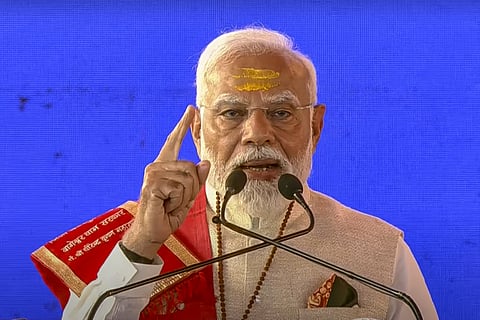 Prime Minister Narendra Modi addresses during the foundation stone laying of Bageshwar Dham Medical & Science Research Institute in Madhya Pradesh.