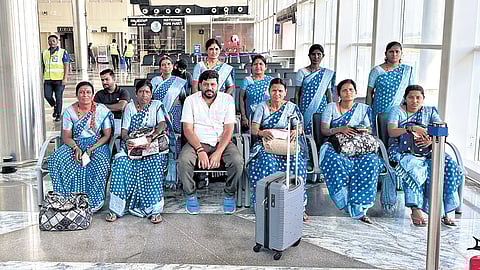 Farmer Vishwanath of Shiraganahalli village in Harapanahalli taluk with his farm workers take a flight to Goa recently