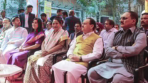 Union Minister JP Nadda and Delhi Chief Minister Rekha Gupta listen to Prime Minister Narendra Modis Mann Ki Baat, in New Delhi.