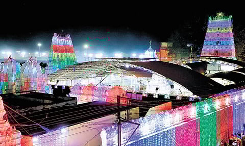 Ahead of the Mahashivaratri jatara, lights have been set up at the Sri Raja Rajeshwara Swamy temple in Vemulawada, Rajanna-Sircilla district