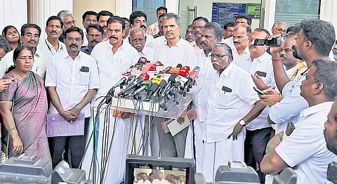 Representatives of JACTTO-GEO speaking to reporters after holding talks with ministers on their 10-point charter of demands on Monday | p ravikumar