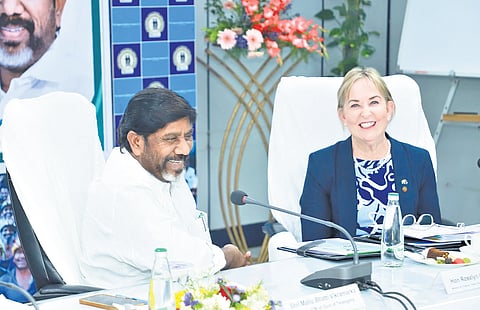 Deputy Chief Minister Mallu Bhatti Vikramarka and Queensland Finance Minister Rosslyn Bates at the Singareni Bhavan in Hyderabad on Monday