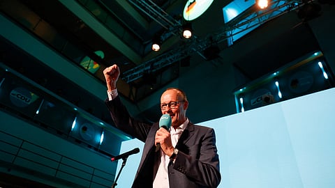 Friedrich Merz, leader of Germany's conservative Christian Democratic Union (CDU) and his party's main candidate for Chancellor addresses supporters at the electoral evening in Berlin on February 23, 2025