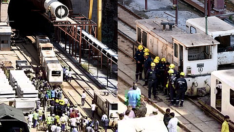 Army personnel near the Srisailam Left Bank Canal (SLBC) project site where a portion of the tunnel collpased, in Nagarkurnool district.