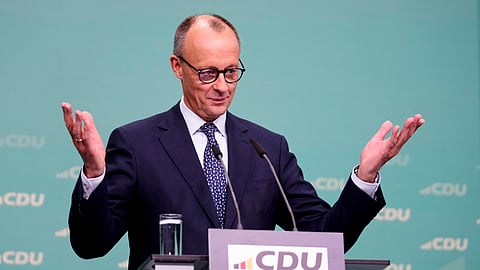 Friedrich Merz, leader of the CDU, speaks during a news conference at the headquarters of CDU party in Berlin.