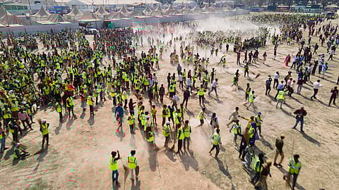 Sanitation workers take part in a cleanliness drive during the ongoing Maha Kumbh Mela 2025, in Prayagraj, Monday, Feb. 24, 2025. Over 15,000 sanitation workers conducted a synchronised cleanliness drive across four zones with the aim of setting a Guinness World Record for cleanliness, on Monday.