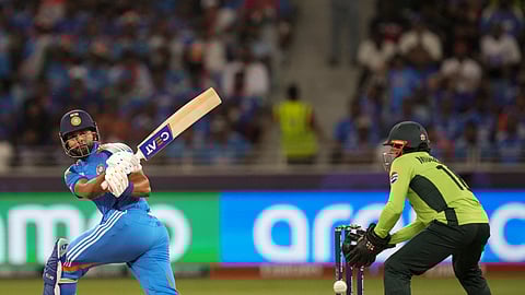 India's Shreyas Iyer plays a shot during a ODI cricket match of the ICC Champions Trophy between India and Pakistan, at Dubai International Cricket Stadium