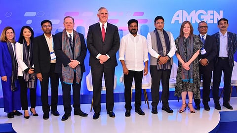Telangana Chief Minister A. Revanth Reddy, IT and Industries Minister D Sridhar Babu at the inauguration of the global biotech leader Amgen’s technology and innovation centre in Hyderabad on Monday