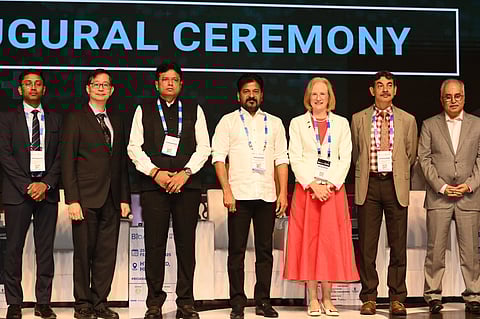 CM Revanth Reddy (Centre) with other key guests at the BioAsia 2025 opening ceremony.