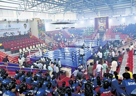 Chief Minister MK Stalin inaugurates the boxing academy on Tuesday. Deputy Chief Minister Udhayanidhi Stalin looks on