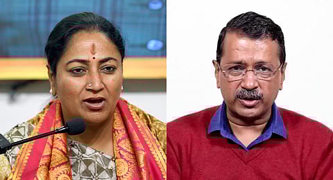 (L-R) A collage of Delhi Chief Minister Rekha Gupta of the BJP and AAP National Convenor and former CM Arvind Kejriwal.