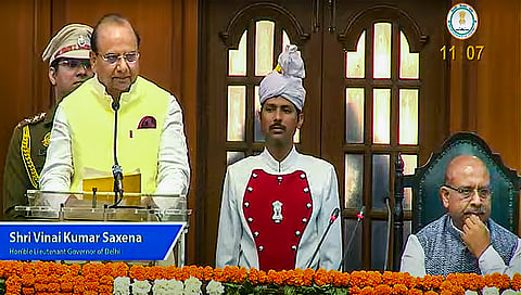 In this screenshot taken from @BJP4Delhi, Delhi LG VK Saxena addresses the Delhi legislative assembly during its first session, in New Delhi, Tuesday, Feb. 25, 2025.