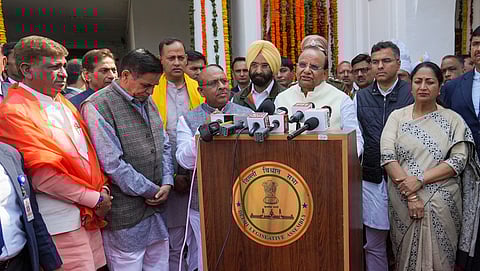 Delhi LG VK Saxena speaks to the media after addressing the Delhi Assembly during its first session, in New Delhi, Tuesday, Feb. 25, 2025.